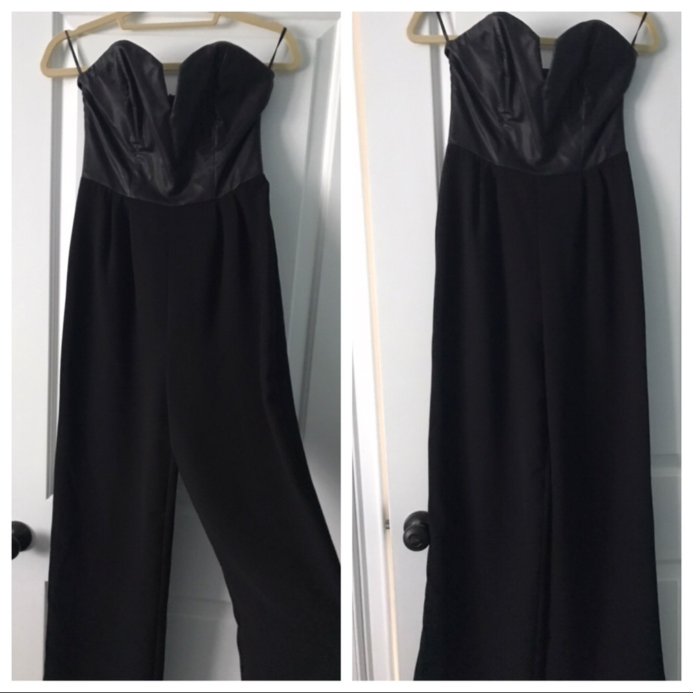 Black Faux Leather Strapless Wide Leg Jumpsuit